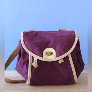 Vintage 80s Canvas Crossbody Satchel Purple Leather Trim Turnlock Bag
